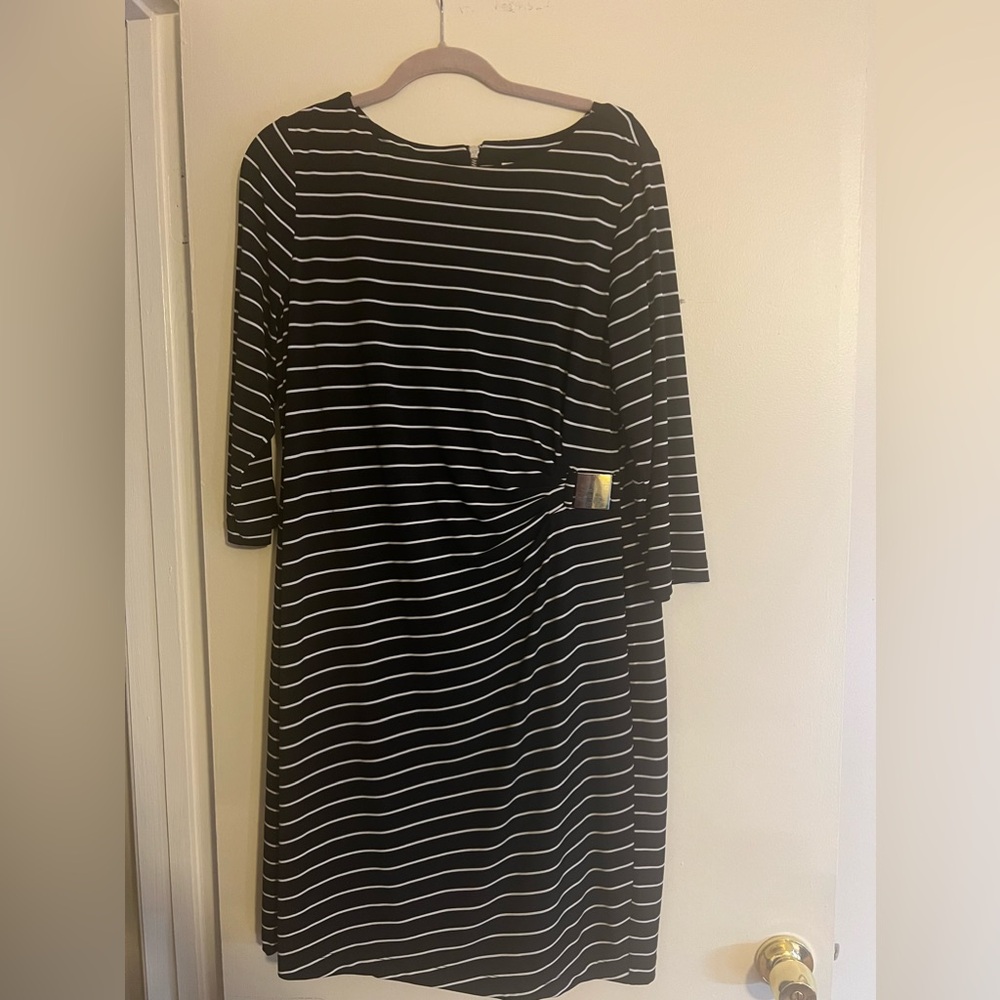Striped dress with side ruched design - hidden lightweight shaper.